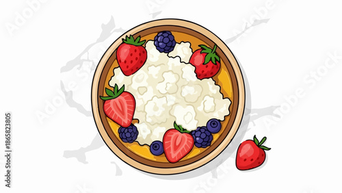 A bowl of cottage cheese topped with strawberries and blueberries, with one strawberry to the side