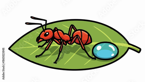 A cartoon red ant stands on a green leaf beside a dewdrop