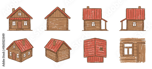Set of rustic wooden log cabins with red roofs, a hand-drawn collection of rural houses from different angles and perspectives in a simple sketch art style