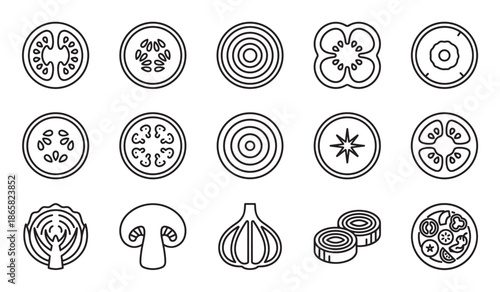 Set of black line art vegetable icons showing various sliced produce like tomato, onion, pepper, and mushroom for cooking and food concepts in a clean, minimalist graphic style
