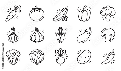 Set of fresh vegetable icons drawn in a simple black and white line art style, featuring carrot, tomato, pepper, and corn for healthy eating and cooking concepts