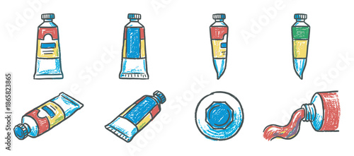 Set of colorful paint tubes illustrated in a hand-drawn, crayon-like style, showing various angles and a squeezed tube with paint flowing out for artistic concepts