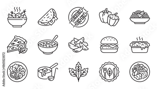 Set of fifteen food and meal icons showing various dishes like pizza, burgers, salad, and soup, drawn in a simple black and white outline style for culinary design elements