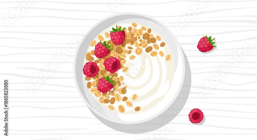 A bowl of creamy yogurt topped with crunchy granola and fresh raspberries