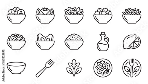 Set of black line art icons representing various salads, healthy food ingredients, and utensils for a nutritious meal, including bowls, vegetables, lemon, and oil in a clean minimalist style