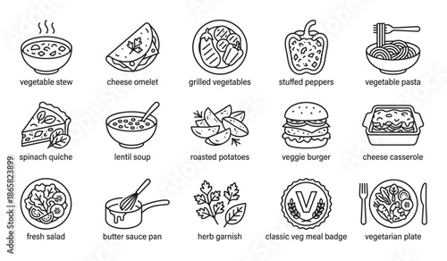 Collection of vegetarian food line icons showing various healthy meals like soup, salad, pasta, and a veggie burger, all depicted in a clean, minimalist black and white style