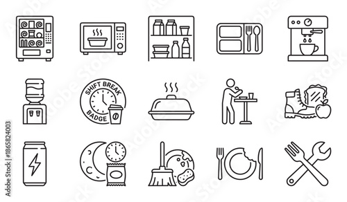 Set of black line art icons for work breaks, lunch time, and night shift concepts, including a vending machine, microwave, coffee maker, and food symbols in a minimalist vector style