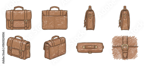 Set of brown leather briefcase illustrations showing multiple angles and views in a vintage hand-drawn sketch style with detailed buckles, straps, and stitching for business concepts