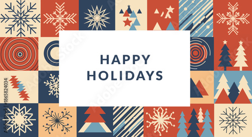 Happy Holidays message overlaying a festive grid pattern of stylized snowflakes evergreen trees and geometric holiday shapes.