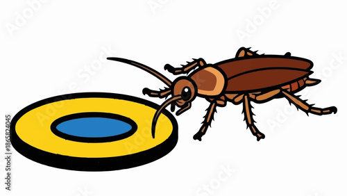 A cartoon cockroach approaches a yellow ring with a blue center