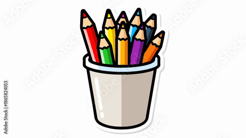 A light-colored cup holds a vibrant collection of sharpened colored pencils