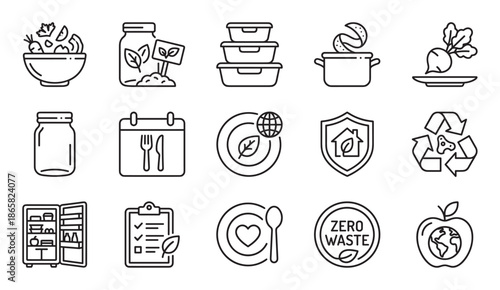 Collection of black line art icons representing zero waste, sustainable living, and healthy eating concepts, including recycling, meal prep, and eco-friendly choices in a clean vector style