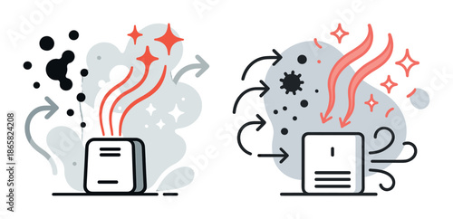 Air purifier concept with smoke and arrows illustrating fresh and polluted air flow