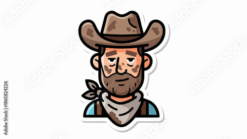 A cartoon cowboy with a brown hat, beard, and bandana