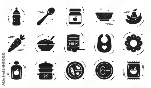Baby food and feeding accessories icon set in a solid black glyph style for nutrition and childcare concepts, including bottle, puree, spoon, and bib illustrations