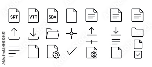 Subtitle and document icons set: srt, vtt, sbv file types with download, upload, settings symbols