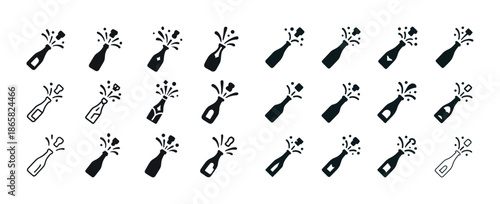 Various black and white champagne icons with splashing effects