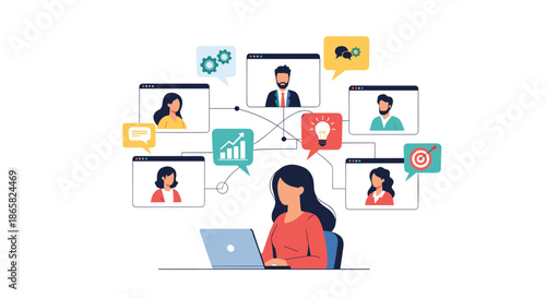 Professional woman working on a laptop connected to multiple video conference windows and various business related icons.