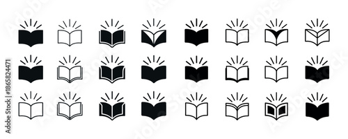 Set of open book icons with radiating lines in various styles and designs