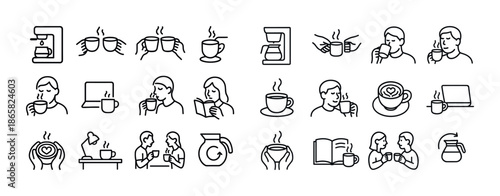 Coffee enjoyment icons: brewing, drinking, and reading moments
