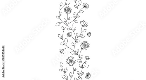 Vertical decorative border featuring a climbing vine of delicate black and white hand drawn flowers and small green leaves.