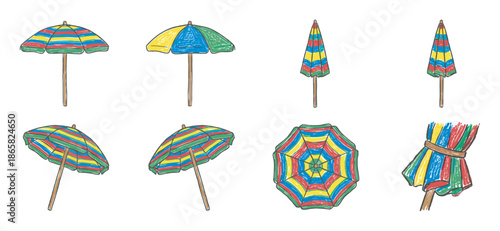 Set of colorful striped beach umbrella illustrations in various positions, including open, closed, tilted, and top-down views, rendered in a playful hand-drawn sketch style