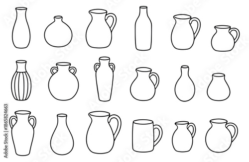 Hand drawn line art pottery and containers set featuring various vases, pitchers, and a mug for home decor design