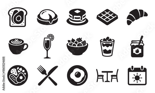 Set of black breakfast food icons featuring avocado toast, pancakes, coffee, eggs, and a croissant in a simple graphic glyph style for menu or web design concepts