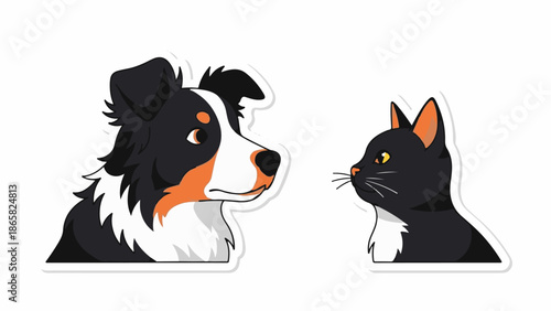 A cartoon dog and cat face each other against a white background