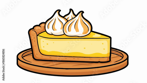 A cartoon slice of lemon meringue pie with fluffy meringue peaks on a wooden plate