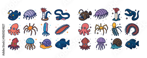 Colorful cartoon sea creatures collection: fish, octopus, jellyfish, eel, snail, spider, worm