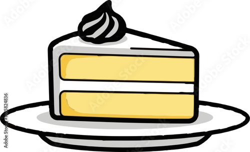 A cartoon slice of yellow cake with white frosting and dark swirled topping sits on a white plate