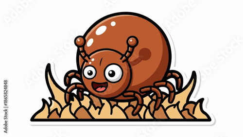 A cartoon spider with a big, round body and a happy face sits in dry grass