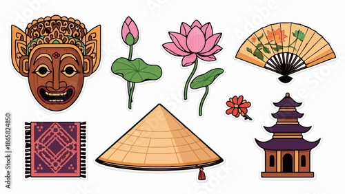 A collection of cultural symbols including a mask, lotus, fan, hat, pagoda, and rug