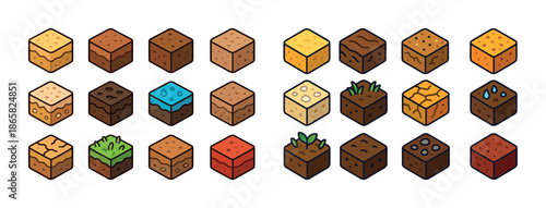 Isometric minecraft style soil and terrain blocks in various textures and colors