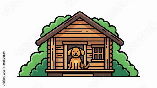 A cartoon dog sits in the entrance of a rustic wooden cabin, surrounded by green bushes
