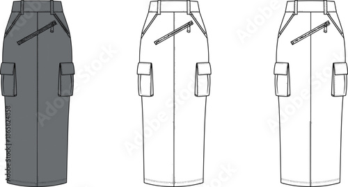 Cargo midi skirt fashion flat illustration with side flap pockets, angled zipper pocket and straight silhouette front and back drawing