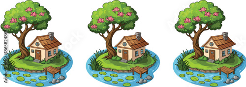 Cartoon illustration of small cottage house beside pond with lotus tree and wooden dock isolated on white background for design
