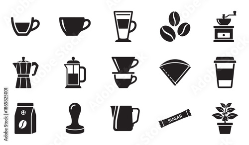 Collection of black coffee-themed glyph icons representing cafe equipment and brewing methods, including a cup, beans, grinder, moka pot, french press, and pour-over dripper