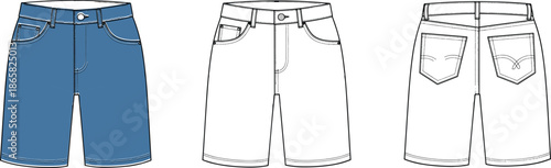 Denim jean shorts fashion flat illustration with five pocket design, waistband and topstitch details front and back technical drawing