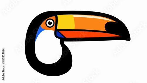 A cartoon toucan with a large, colorful beak and a curved black body