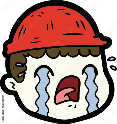 A cartoon face with a red hat is crying intensely with open mouth