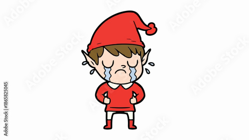 A cartoon elf in a red hat and outfit cries, with tears streaming down its face