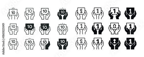 Hands holding cards with numbers 10 and 1 in various styles