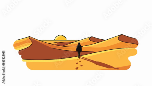 A lone figure walks across a desert landscape with dunes and a setting sun