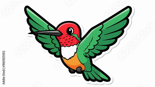A cartoon hummingbird with green wings, a red head and throat, and an orange belly