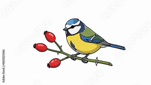 A bright blue and yellow bird perches on a thorny branch with four red berries