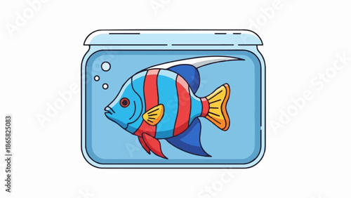 A cartoon fish with red and blue stripes swims in a clear glass jar filled with blue water