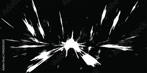 Abstract black ink splat and splash explosion with bright white sparks and 3d fireworks animation on a dark night background for a holiday celebration