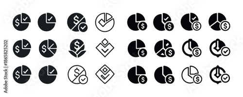 Set of financial pie chart and dollar symbols in black and white icons
